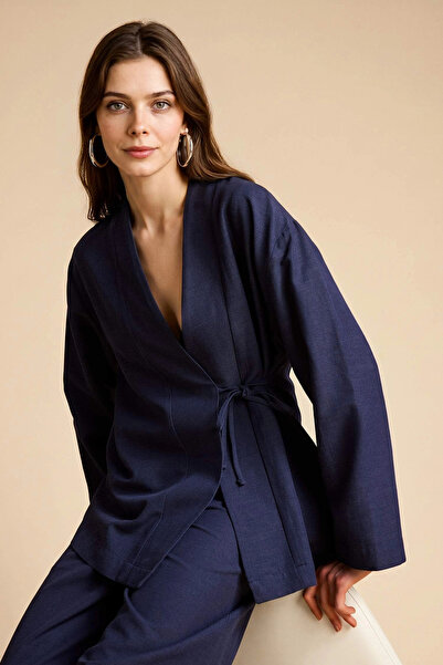 DeFacto H0278Axnv31 Navy Blue Regular Fit Linen Blend Long Sleeve Tunic