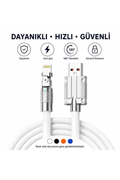 qasul Metal Başlıklı Lightning Şarj Kablosu 180° Döner Başlıklı Hızlı Şarj De...