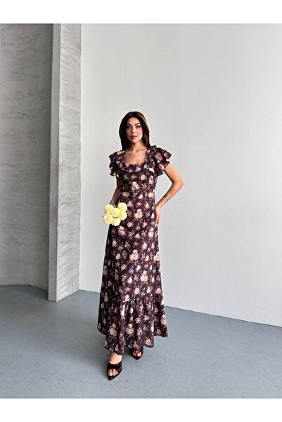 Mistix Square Neck Floral Patterned Flounce Dress - Bitter Brown Bitter Brown