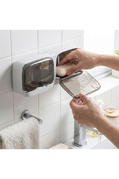 Go İthalat Duvara Monte İkili Kapaklı Sabunluk Yapışkanlı Banyo Mutfak Lavabo...