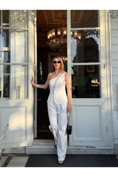 Laluvia White Bologna Design Vest and Pants Set - 904348