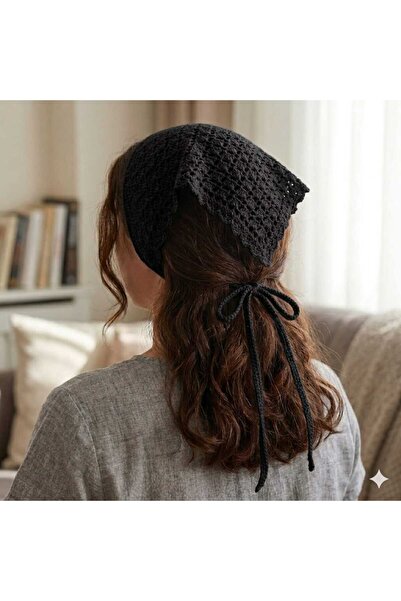 Kadın Siyah El Örgüsü Bandana Bohem Stil Dantel Saç Aksesuarı Plaj ve Günlük Kombin Saç Bandı