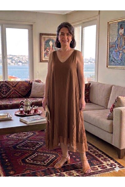 AYASOFYA OTANTIK فستان حريري ميدي مبطن بنمط بسيط ولون بني إيطالي للنساء