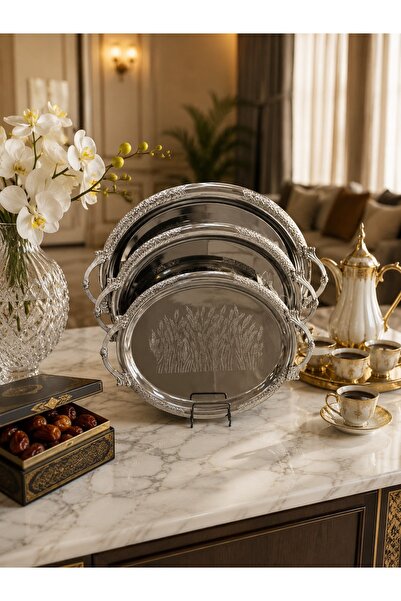 Generic Set of 3 Trays of Different Sizes with Silver Sanbaal Motifs, Troi Ka...