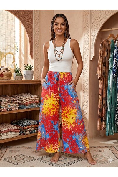 AYASOFYA OTANTIK Women's Multi-Colored Wide-Legged 100% Viscose Trousers with...