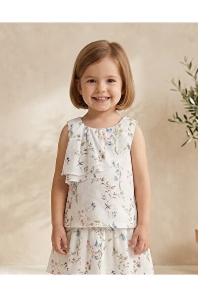 Ozmoz By Mukadder Özden Organic Floral Flounced Ecru Summer Little Girl's Blouse