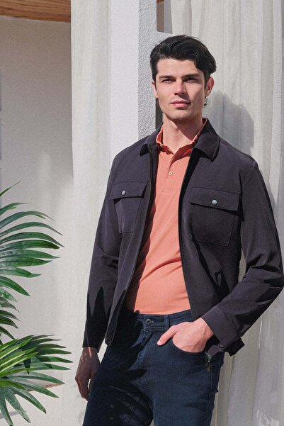 İmza Berber Collar Gabardine Plain Slim Fit Casual Coat 1007260151