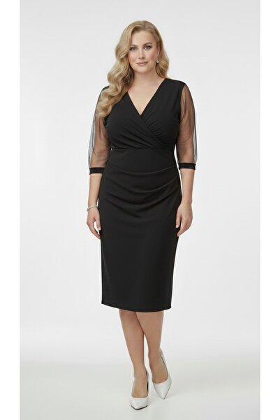 Veline Rochie midi neagră elegantă, mâneci transparente, decolteu petrecut si...