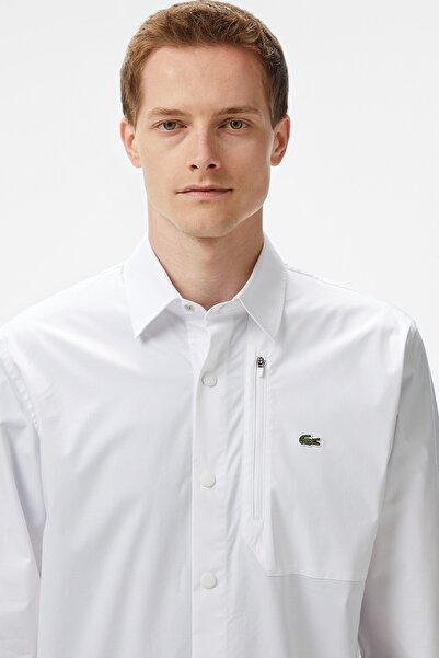 Lacoste Mens Regular Fit White Shirt Standard Cut Snap Button Zipper Pocket M...