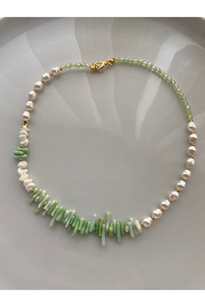 Anetta Jewelry Kadın mint mercan doğaltaşlı ve incili tasarım kolye