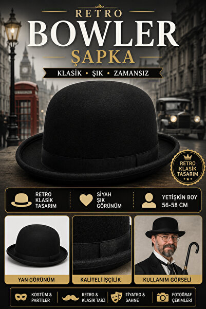 Tamsena Store Siyah Retro Bowler Derby Şapkası – Yetişkin Boy Klasik Fötr Par...