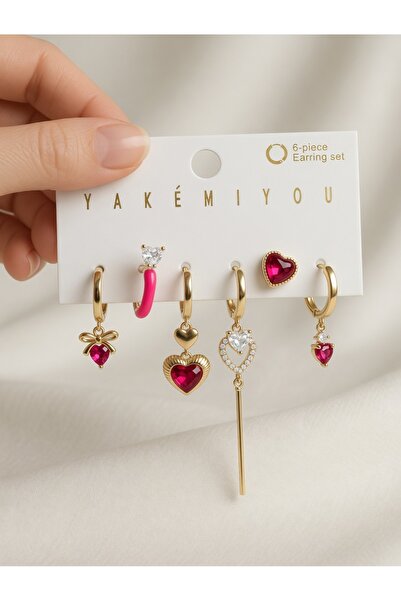 Yakemiyou 14K Altın Kaplama 6lı Küpe Seti Kırmızı Kristal Kalpli Fiyonklu Kom...