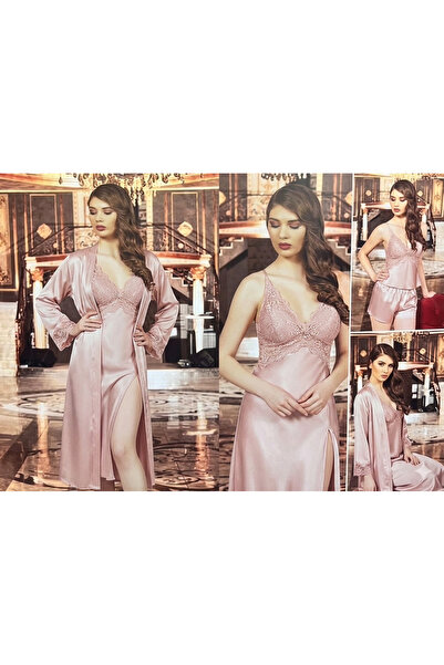 Carmella 1060 Satin 6-Piece Nightgown and Robe Set (Pudra)