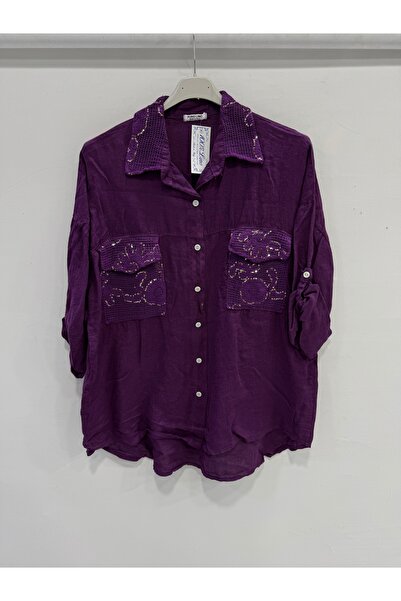 della moor Women's Purple Italian Collar Sequin Embroidered Foldable Long Sle...