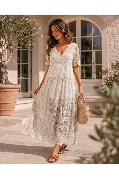Punta Otantik Pts10021 Imported Lace Detailed Half Sleeve Cotton Dress Cream