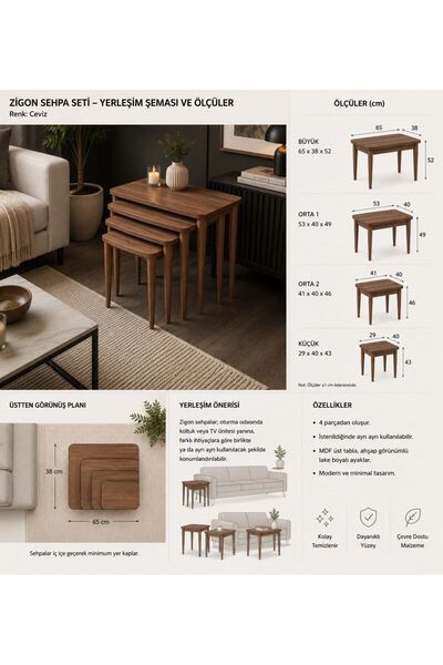 KARLI HOME 1. Sınıf MDF 4 Lü Zigon Sehpa