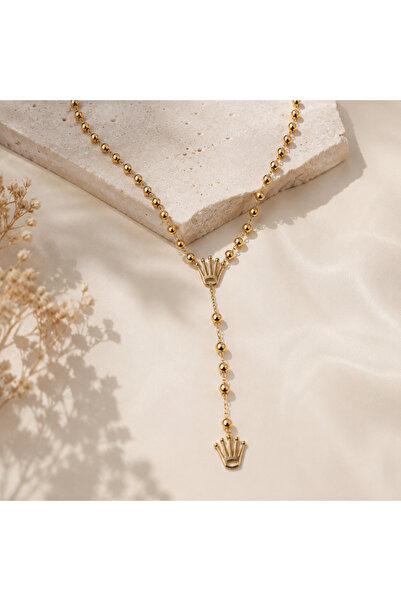 OEM Gold Rosary Necklace with Crown – Water-Resistant Stainless Steel, Luxury...