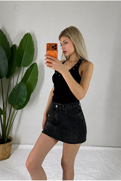 Bella Vita Fashion Işıltılı Taş Detaylı Siyah Mini Jean Etek