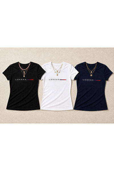 Tiny and Co Crew Neck Printed 3-Pack White/Black/Navy Blue Women's Slim Fit L...