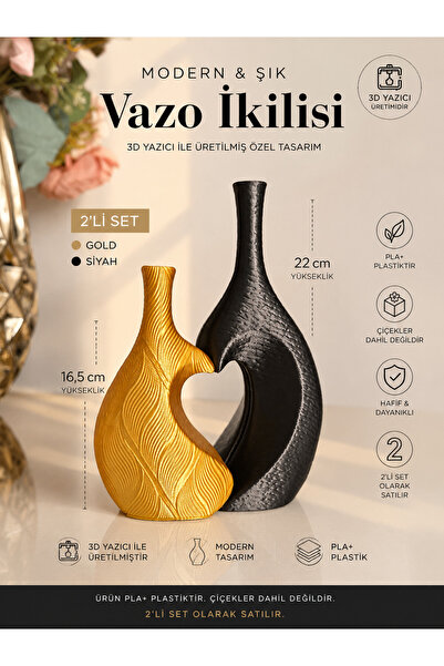 Mus3D | | Estelia Vase Set (Set of 2) |   Gold & Black (Plastic)