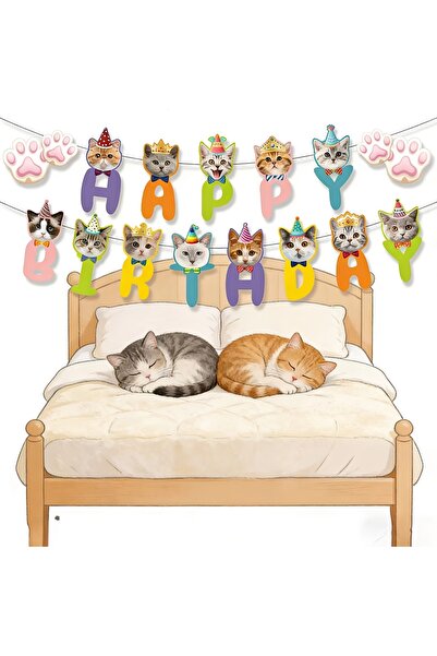 abjad Kedi Temalı 15 Parça Banner Flama Parti Süsü Doğum Günü Parti Malzemesi