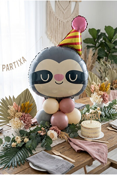 Partixa Şapkalı Safari Tembel Hayvan Kafa Folyo Balon 71x48 cm Safari Temalı ...