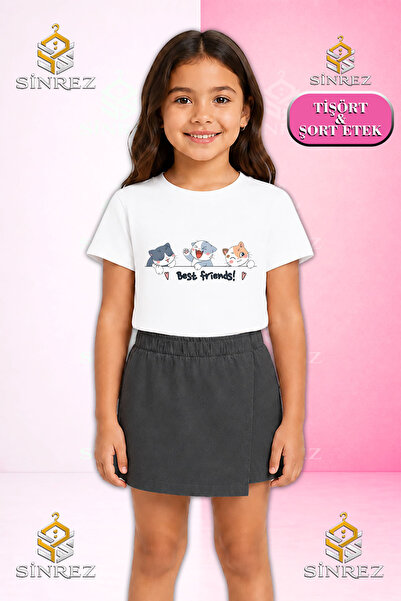 SİNREZ Set pentru fete cu imprimeu CAT BEST FRIEND, tricou cu mânecă scurtă, ...