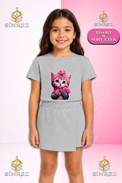 SİNREZ Set pentru fete SEKER KEDI YARIM PEMBE KRDL Tricou cu mânecă scurtă im...