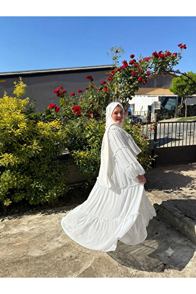 RFK Butik Women's Ruffled Lace Detailed Hijab Maternity Chiffon Dress - Ecru