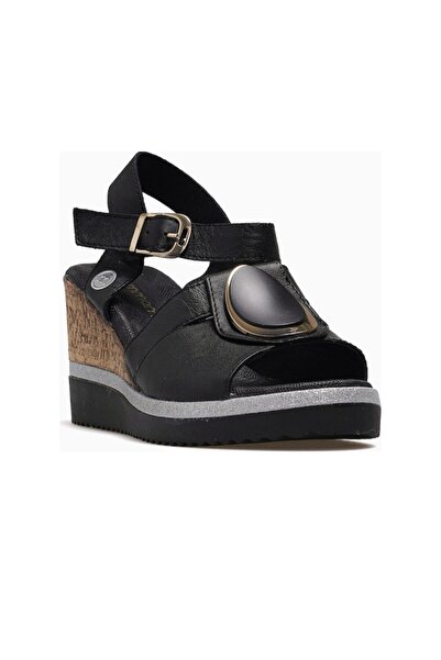 Mammamia D26Ys-2970 Black Genuine Leather Wedge Heeled (8cm) Women's Sandals