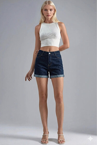 LAYAL MY BEAUTY Kadın Jeans Denim Şort Ters Paça Detaylı Günlük Esnek Denim K...