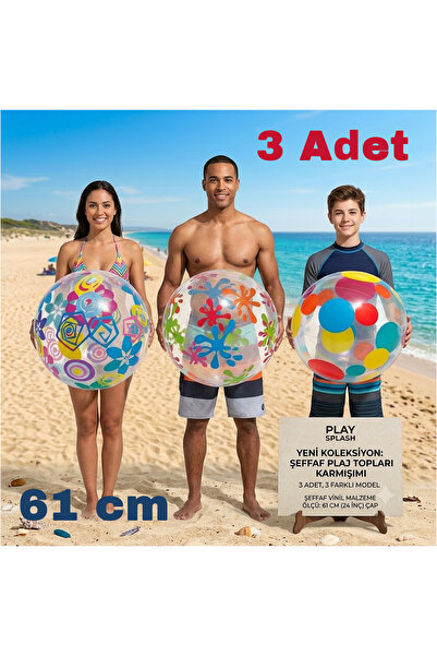 direkstoktan 🌟 3'lü Şeffaf Desenli Plaj ve Deniz Topu Seti (61 cm) - Yazın E...