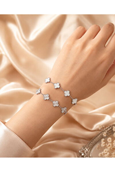 MissFerisa 2-Piece Women's Anti-Tarnish Steel Clover Model Bracelet Silver Co...