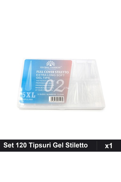 global fashion Set 120 Tipsuri Gel Stiletto 5XL Extra-Lung, 12 Mărimi, Gel Un...