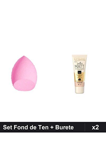 Makeup Set Fond de Ten Eveline Satin Matt 101 Ivory 30ml + Burete Make-up Roz
