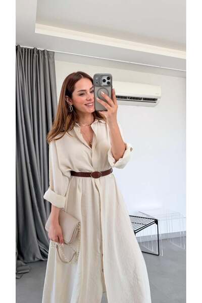 pelin yıldız butik Taş Rengi Cerebro Salaş Kemerli Elbise
