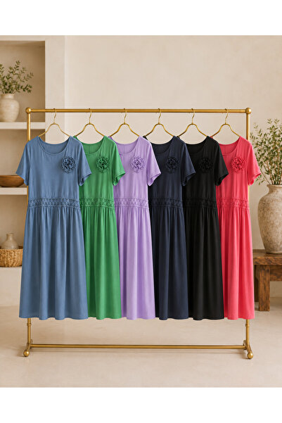 OEM Rochie dama midi din bumbac cu buzunare, aplicatie florala si dantela dec...
