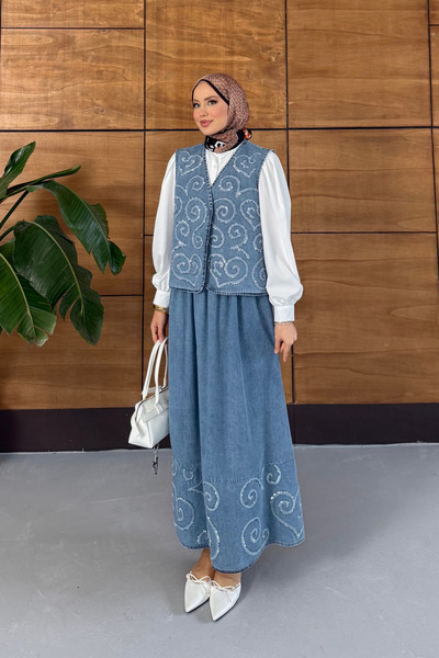 Miss Allos Set de blugi cu fustă și vestă brodate pentru femei