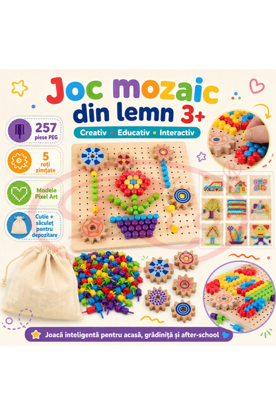 RCO Joc Mozaic din Lemn pentru Copii, 257 Piese Pioneze Colorate, Joc Educativ de Creativitate si Logica, 3+ Ani WD5022