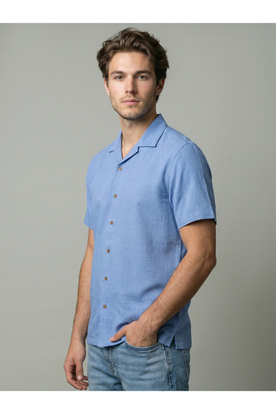 SNX By Styli Men Light Blue Plain Cuban Collar Shirt