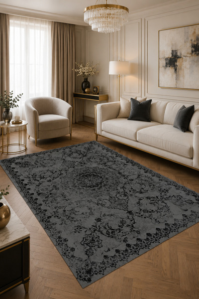 Bordo Halı Gri Siyah Vintage Desenli Kaymaz Keçe Taban Halı Modern Salon Otur...