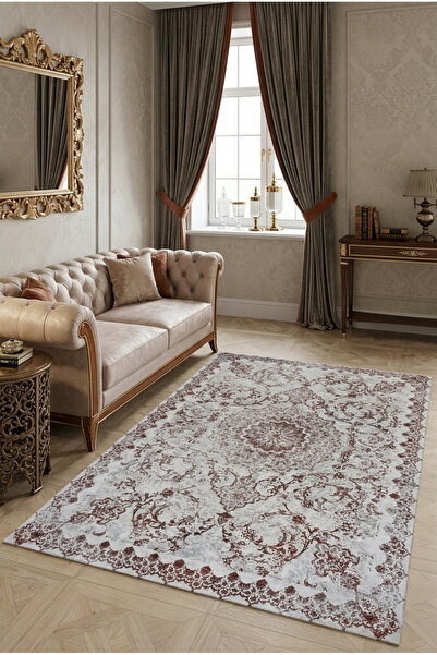 Bordo Halı Krem Bordo Vintage Desenli Kaymaz Keçe Taban Halı Modern Salon Otu...
