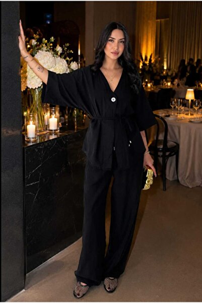 Budan Export Women's Black V-Neck Buttoned Belted Kimono Wide-Leg Pants Doubl...
