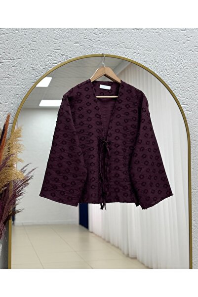 MİHRA STORE Kimono cu ciucuri și legături Şelale-Zİ3141 Prune