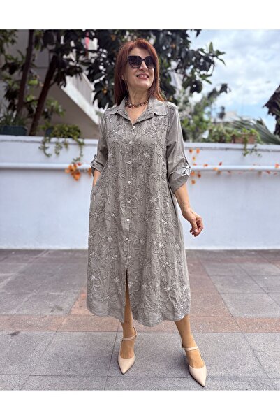 DenizEge Italian Embossed Embroidered Long Dress Mink