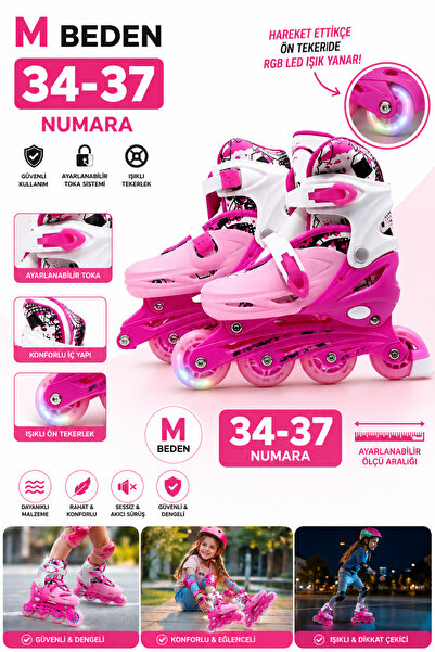 Mofy Baby Ayarlanabilir Çocuk Pateni M Beden 34-37 | LED Işıklı Ön Teker | Pembe