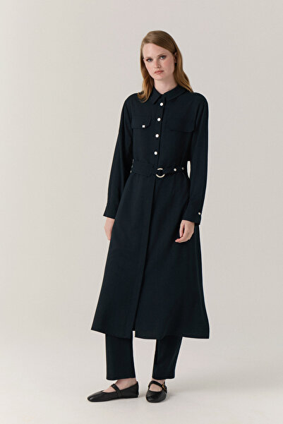 Zühre Belted Double Pocket Shirt Collar Navy Blue Tunic 1667