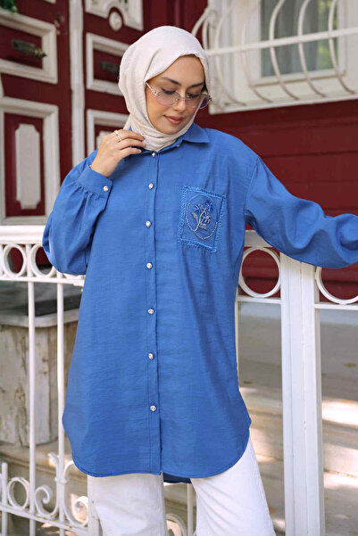 İmajButik Indigo Buttoned Modal Shirt with Stone Detail