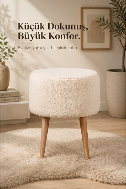 DEKOZUM PUFLEX Ahşap Ayaklı Dekoratif Peluş Puf Koltuk KREM