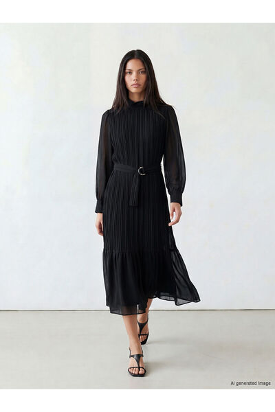 LC Waikiki Nevavm Farkıyla Yaka Beli Belted Pleated Dress
